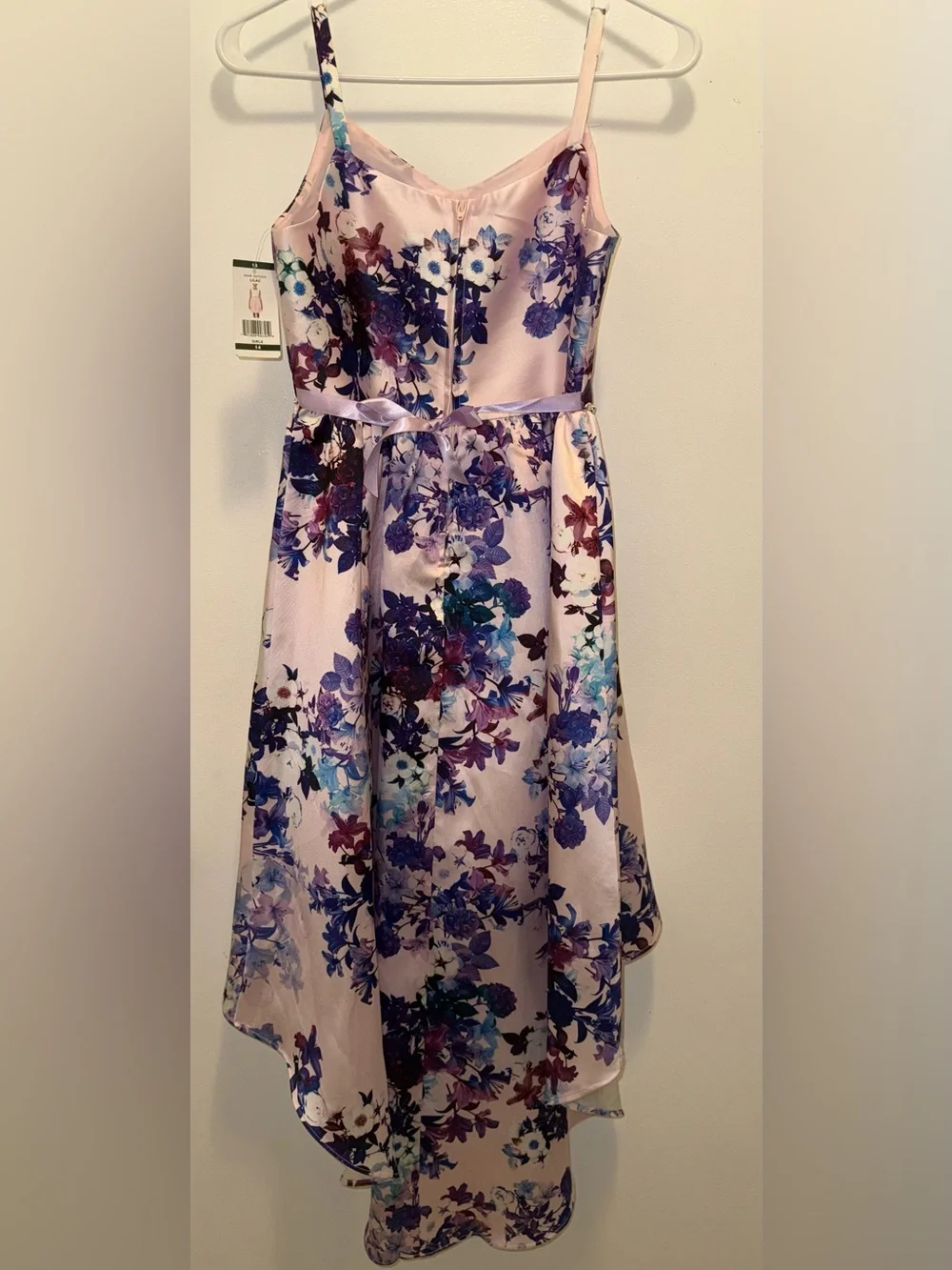 Emily Rose Pink Floral Hi-Low Dress with Blue & Purple Accents